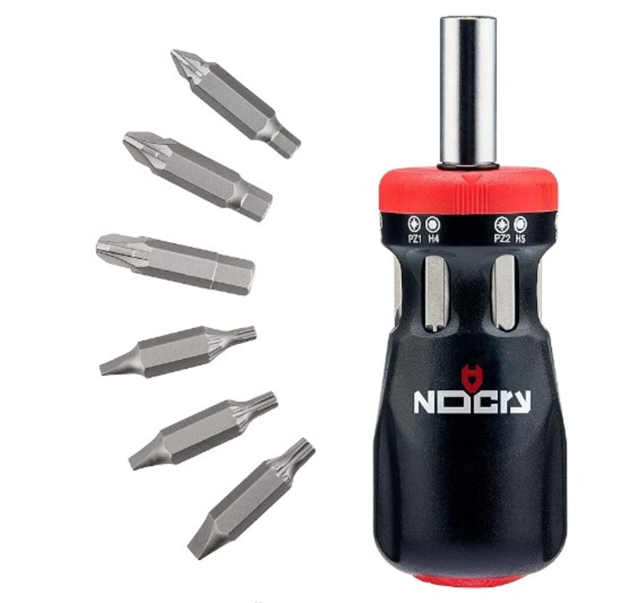 Stubby Ratcheting Screwdriver Kit includes a 12-in-1 Mini Bit Set with Flathead, Hex, Torx, and Pozidriv Tips.